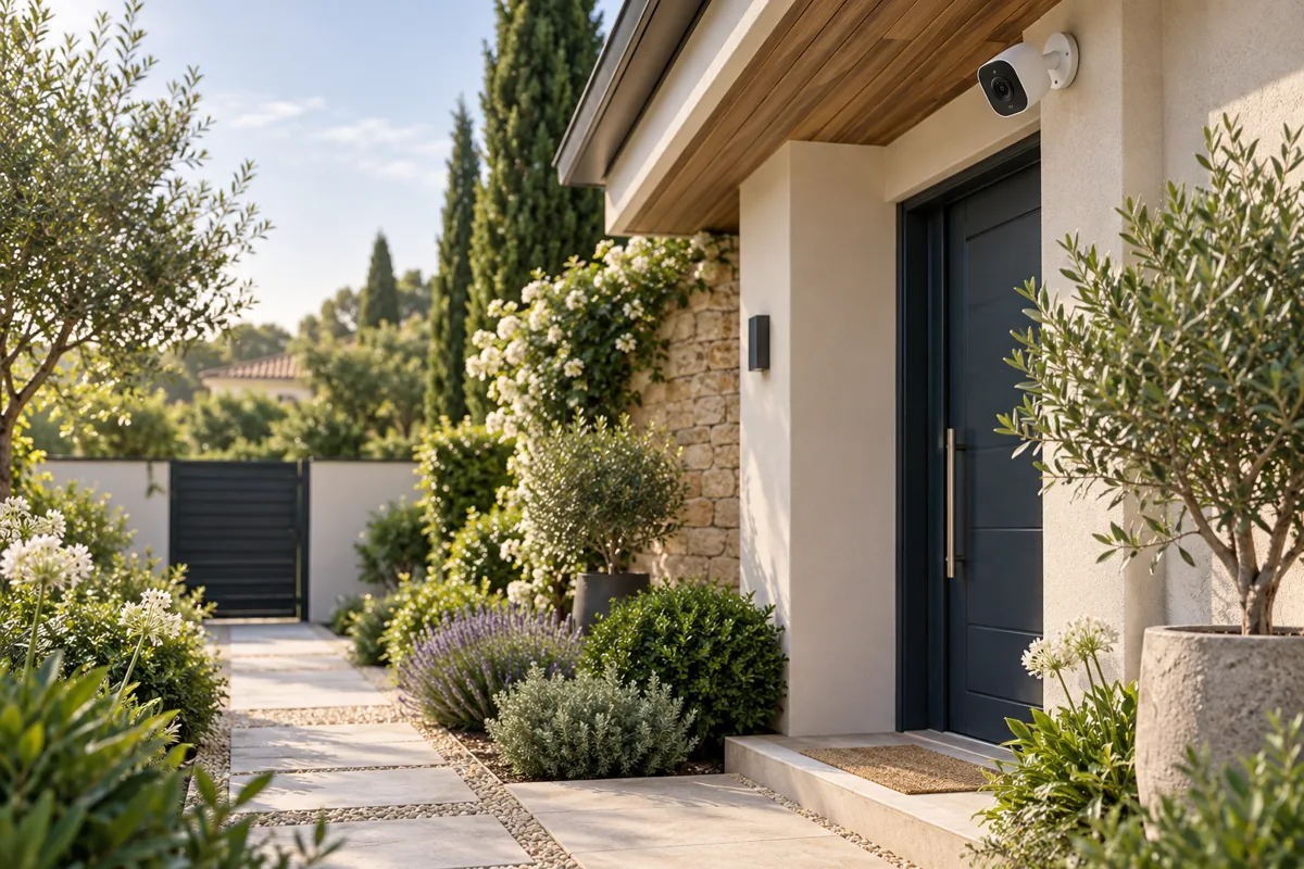 Illustration d’une caméra orientée vers une entrée et un jardin privés
